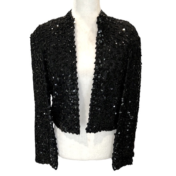 Lilli Diamond - Vintage Jackets & Blazers - Vintage Lilli Diamond Black Sequin Bolero Cropped Blazer Jacket - S